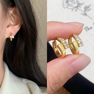 Vintage French Style Geometric Overlapping Hoop Earrings Copper With Dazzling Zircon Dainty Jewelry For Women