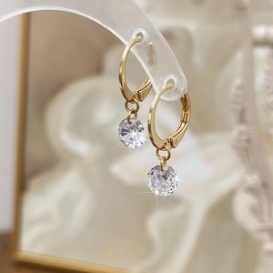 French vintage gold-plated hoop earrings with sparkling round zircon pendant for women