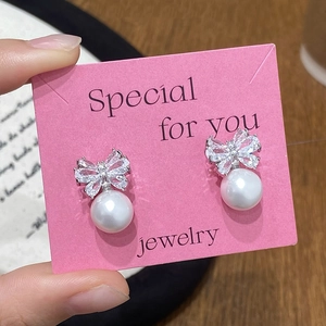 Bow Artificial Pearl Dangle Ear Studs Shiny Zircon Inlaid Copper Earrings Korean Sweet Elegant Fashion Jewelry For Women