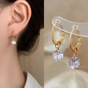 French Vintage Gold Plated Copper Round Zircon Leverback Hoop Earrings Elegant Shiny Dangle Jewelry Women