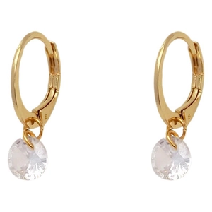 French vintage gold earrings with round sparkling cubic zirconia pendant in leverback style