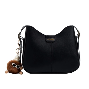 Black large capacity hobo bag in soft faux leather with a cute plush charm accessory