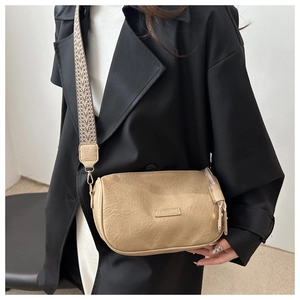 Beige Boston leather shoulder bag with FASHION logo and ethnic pattern strap