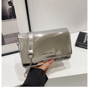 Chic Crossbody Bag Patent Leather Mirror Surface Metal Chain Strap Minimalist Small Square Shoulder Purse For Women