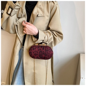 Detail van rode luipaardprint clutch met gouden handvat en ketting op model