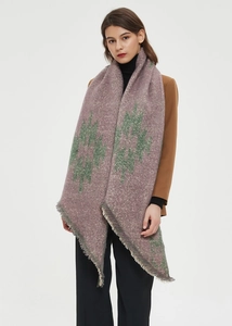 Thick winter scarf featuring purple grey knit, green geometric jacquard, and fringe edge