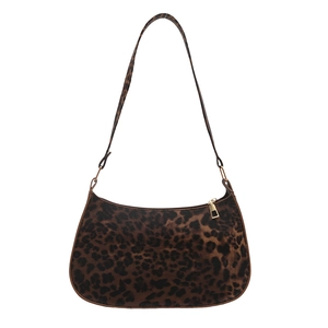 Trendy leopard print shoulder bag with gold zipper and half-moon silhouette on white background