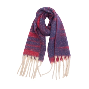Close-up of thick gradient knit scarf featuring blue red texture and long cream tassels