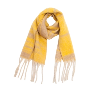 Close-up of thick yellow and beige striped textured scarf with soft fringe details