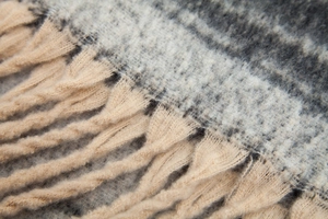 Detailed texture of thick jacquard gradient scarf with long chunky tassels