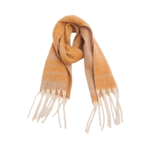 Detail view of thick orange knit scarf featuring beige stripes and long chunky tassels