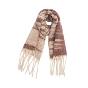 Detail showing thick textured loop yarn and fringes of the brown striped jacquard scarf