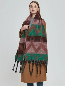 Detail of winter thick scarf featuring multi-color geometric patterns and long black tassels