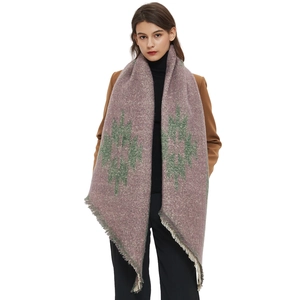 Thick wool blend shawl scarf in grey-purple with green ethnic geometric patterns and tassels