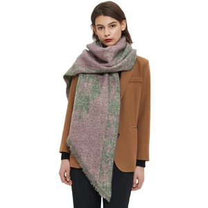Thick warm winter scarf with vintage purple and green abstract jacquard pattern