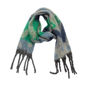 Detailed knit texture of green and blue geometric heart pattern scarf with black fringe
