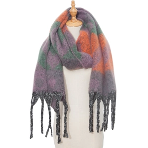 Thick winter scarf with multi-color oversized plaid pattern and black fringe detailing