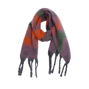 Detail of multi-color thickened knit scarf featuring plaid patterns and black fringe tassels