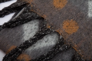 Close-up of thick winter scarf showing textured knit fabric and hand-twisted fringe detail