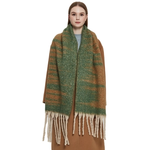 Thick gradient green and brown knit shawl scarf with chunky fringes for winter warmth