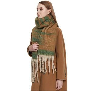 Thick gradient boucle scarf with large jacquard stripes and chunky tassels for winter