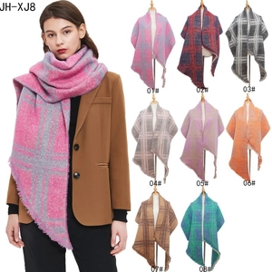 Chunky knit plaid scarf for women with boucle yarn and frayed tassel edges in purple