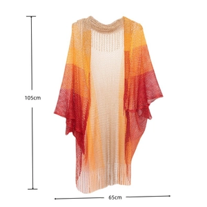 Detail showing the 105cm x 65cm dimensions of this gradient mesh knit shawl with fringe