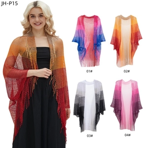 Summer knit mesh fringe shawl with gradient color design and hollow-out detailing