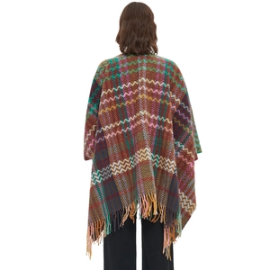 Colorful bohemian knit shawl with sleeves, geometric patterns and tassel hem on back