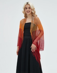 Macro detail of breathable mesh knit shawl with gradient tassel fringes and open weave pattern