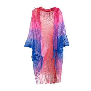 Detail of pink and blue gradient mesh knit shawl with decorative fringe tassels