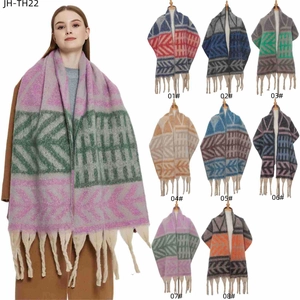 Thick knit shawl scarf with leaf jacquard patterns and long tassels in 8 color variants