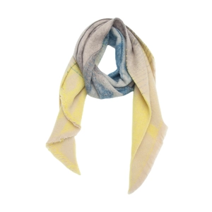 Close-up of geometric plaid shawl scarf with soft yellow and gray fringe detail