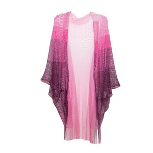 Detail of gradient pink knit shawl featuring hollow mesh texture and delicate fringe trim