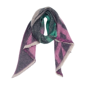 Detail of geometric pattern knit scarf with pink and grey diamond motifs and frayed edges