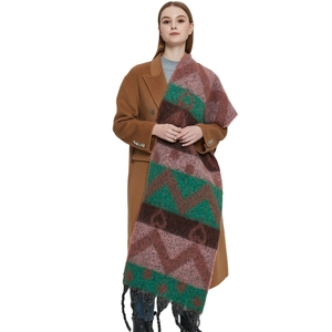 Winter chunky knit scarf with retro geometric jacquard patterns and black tassel fringe