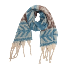 Detailed view of winter thick scarf with blue leaf jacquard pattern and long tassels
