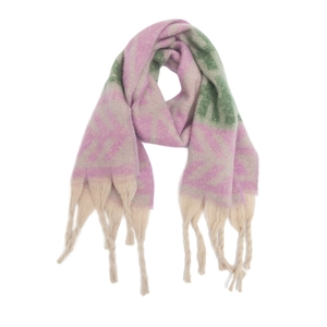 Detail of faux mohair knit scarf featuring large leaf jacquard pattern and long tassels