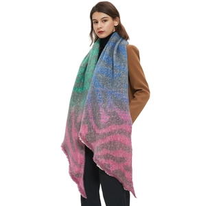 Multicolor gradient knit scarf with zebra wave pattern and fringe edges for winter