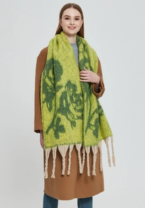 Detail of green rose floral pattern scarf with thick twisted beige fringe tassels