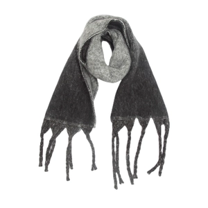 Detail view of thick grey gradient scarf with textured knit fabric and braided fringes