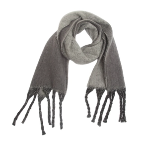 Detail of soft knit scarf featuring thick tassels and gray gradient color block texture