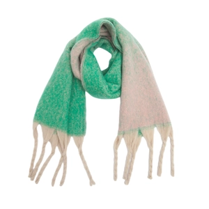 Close-up of thick gradient knit scarf with chunky tassels in green and beige tones