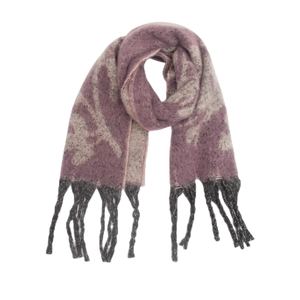 Detail of winter scarf with purple jacquard floral pattern and black tassels