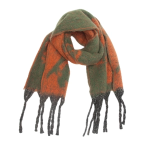 Detail of knitted mohair-like scarf with orange green blocks and black fringe
