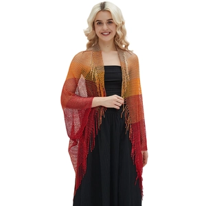 Women Knitted Mesh Shawl Wrap Acrylic Gradient Hollow Out Fringe Tassel Summer Beach Sunscreen Cover Up Bohemian Fashion