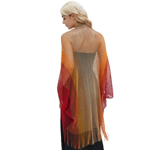 Women's summer hollow mesh knit shawl with warm gradient colors and long tassel fringe