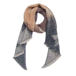Detail of gradient knitted scarf featuring striped texture and soft fringe trim