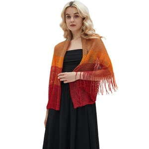 Women's gradient knit hollow shawl with fringe trim and sunset orange to red ombre effect