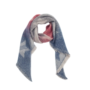Detail of multi-color thick knit shawl showing striped texture and tassel edges